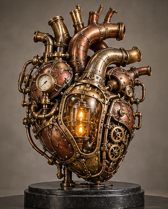 A steampunk anatomical heart with copper pipes and brass chambers