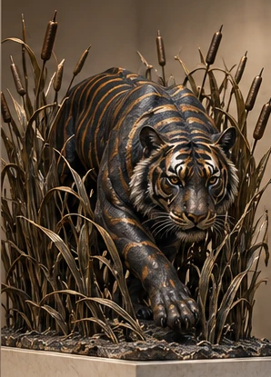 A dark tiger sculpture stalking through bronze reeds