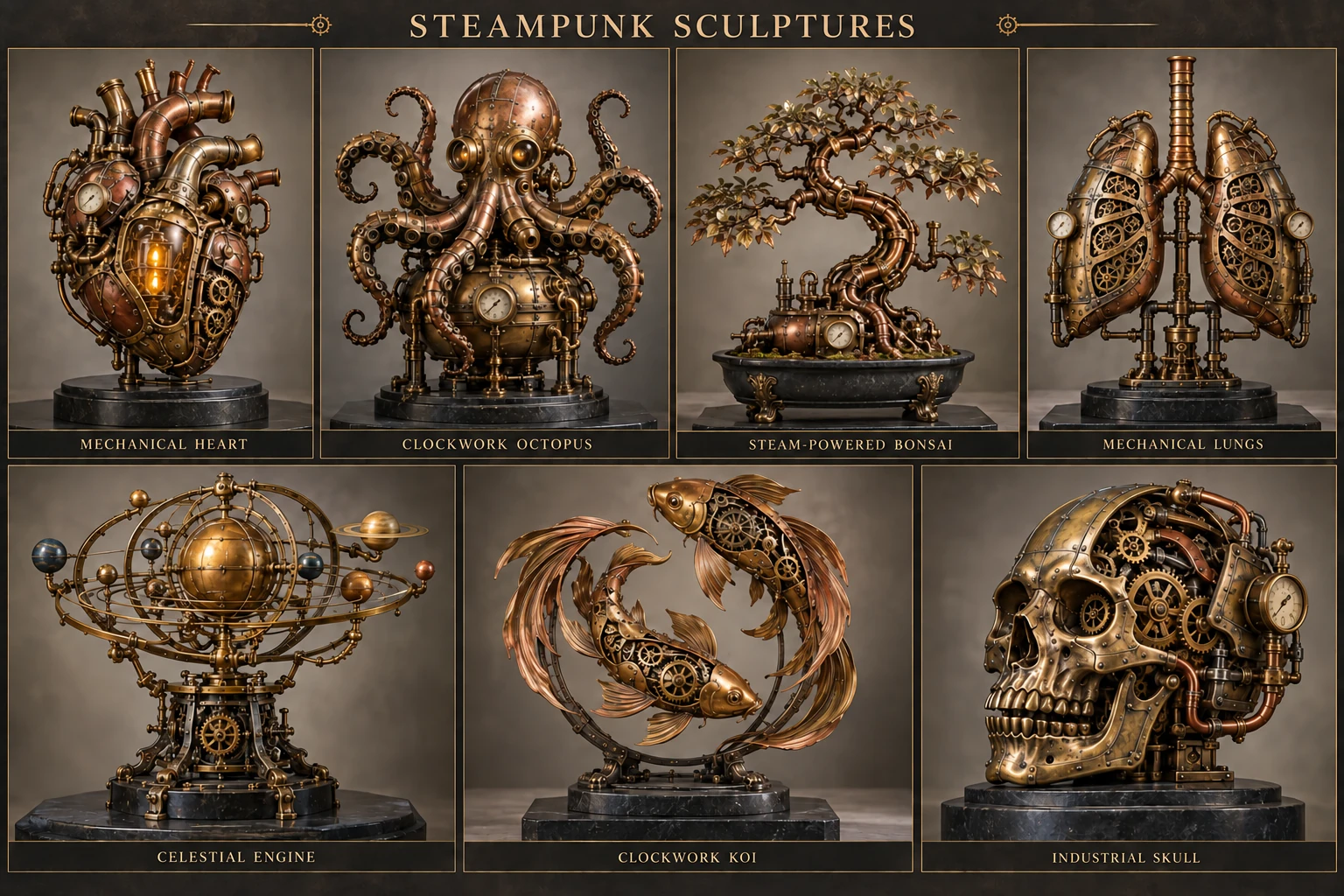 A steampunk anatomical heart with copper pipes and brass chambers