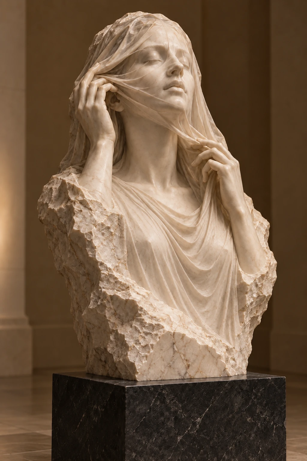 A veiled female sculpture with two hands emerging from rough ivory stone