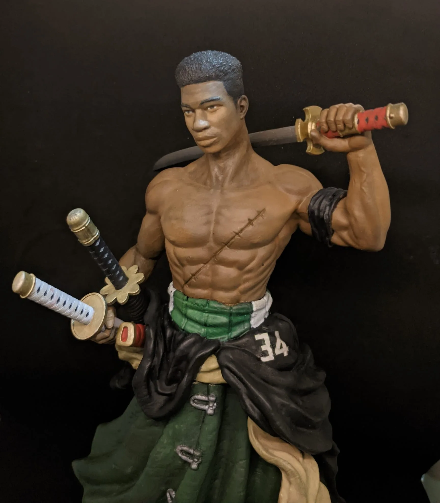 Close-up of Giannis Zoro's three-sword combat stance
