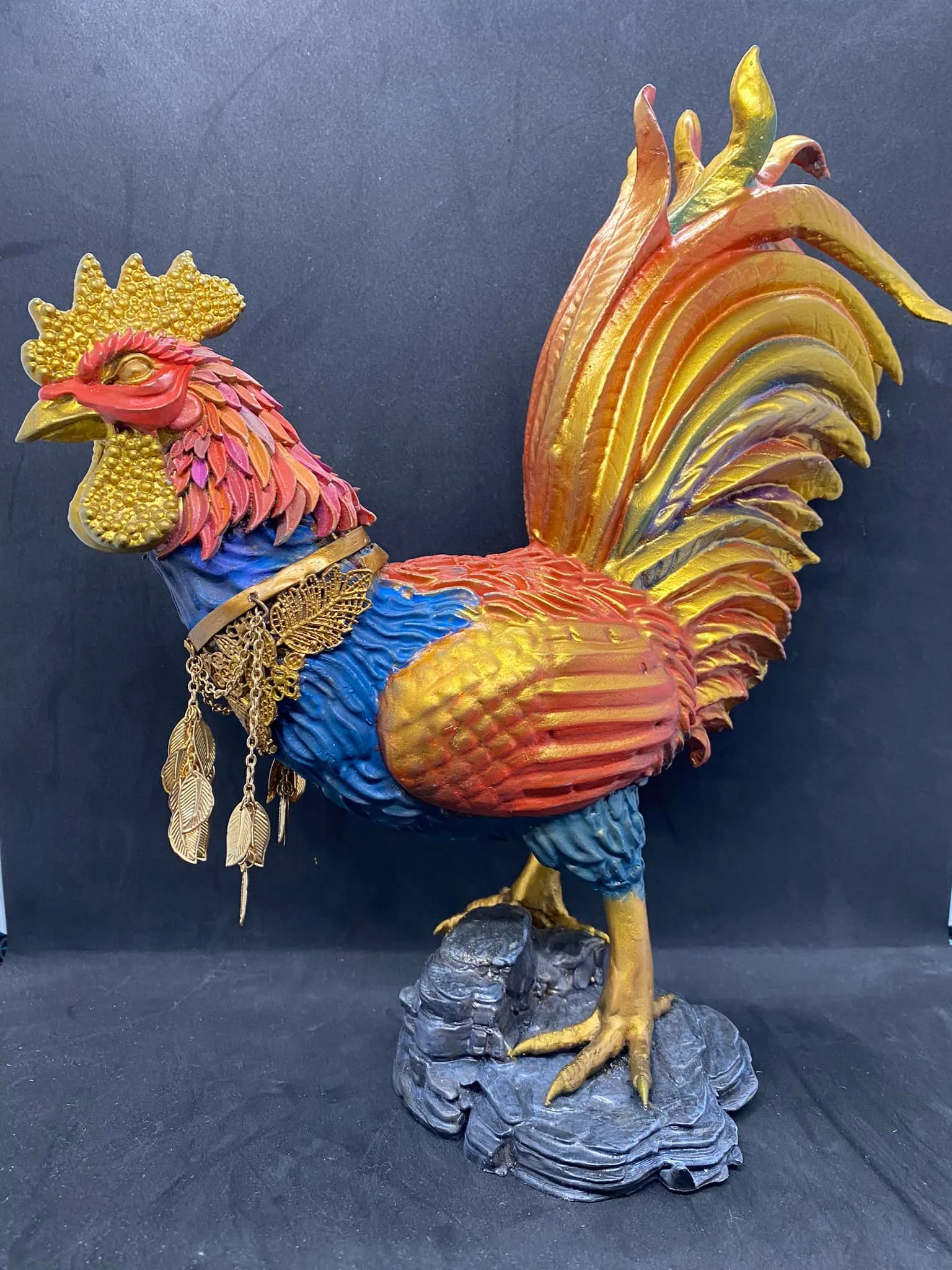 Full view of the finished 12-inch Sarimanok mixed-media sculpture on display
