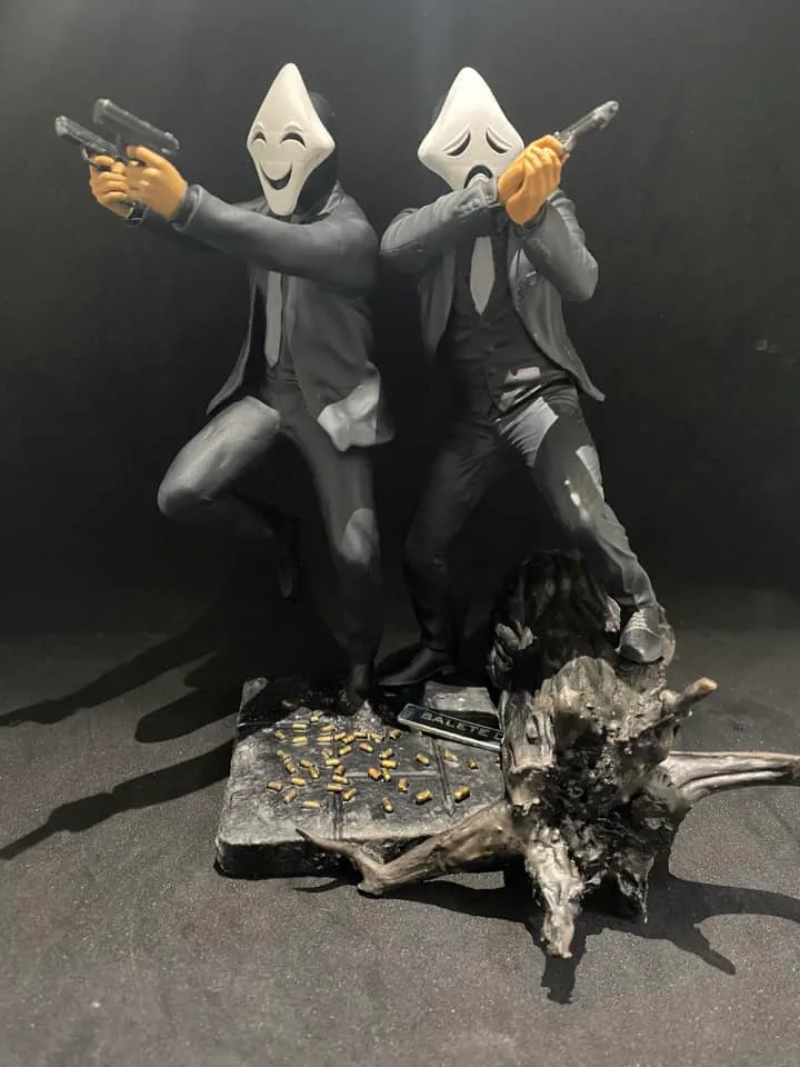 First version of Crispin and Basilio, the Kambal twin bodyguards from the Trese comics, sculpted on a real driftwood base